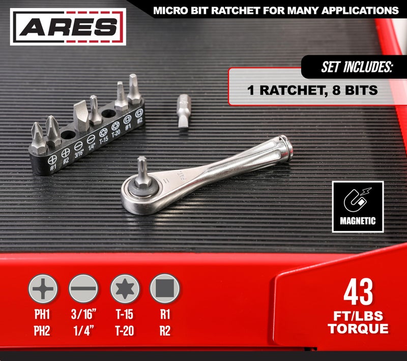 ARES أريس 70040-1/4 بوصة درايف رATCHET ميكرو بت | مفك صغير بعزم دوران عالي 72 سنًا - زاوية 5 درجات - حامل بت كرة زنبركية - Image 2