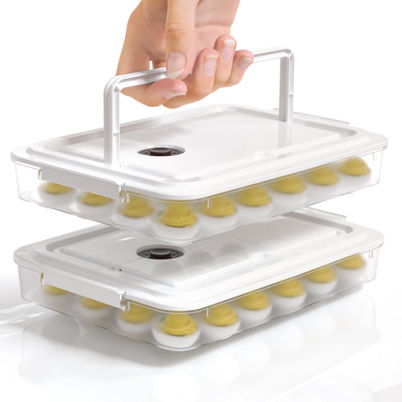 Newness Deviled Egg Containers with Lid Set of 2 Plastic Deviled Egg Carrier with Handle for 48 Eggs Clear Storage Devil Egg Platter Fridge Portable Egg Tray Perfect for Picnic and Party