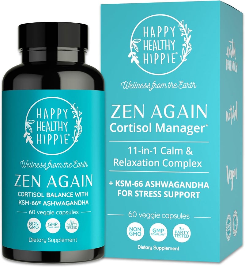 HAPPY HEALTHY HIPPIE Zen Again Cortisol Manager with Ashwagandha KSM66  Cortisol Supplements for Women  11in1 Complex  Natural Stress Support Supplement with LTheanine Rhodiola  Magnesium  Vegan 60 Ct - Image 1