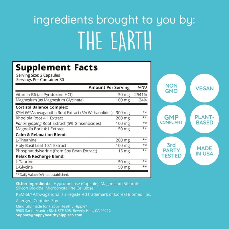 HAPPY HEALTHY HIPPIE Zen Again Cortisol Manager with Ashwagandha KSM66  Cortisol Supplements for Women  11in1 Complex  Natural Stress Support Supplement with LTheanine Rhodiola  Magnesium  Vegan 60 Ct - Image 5