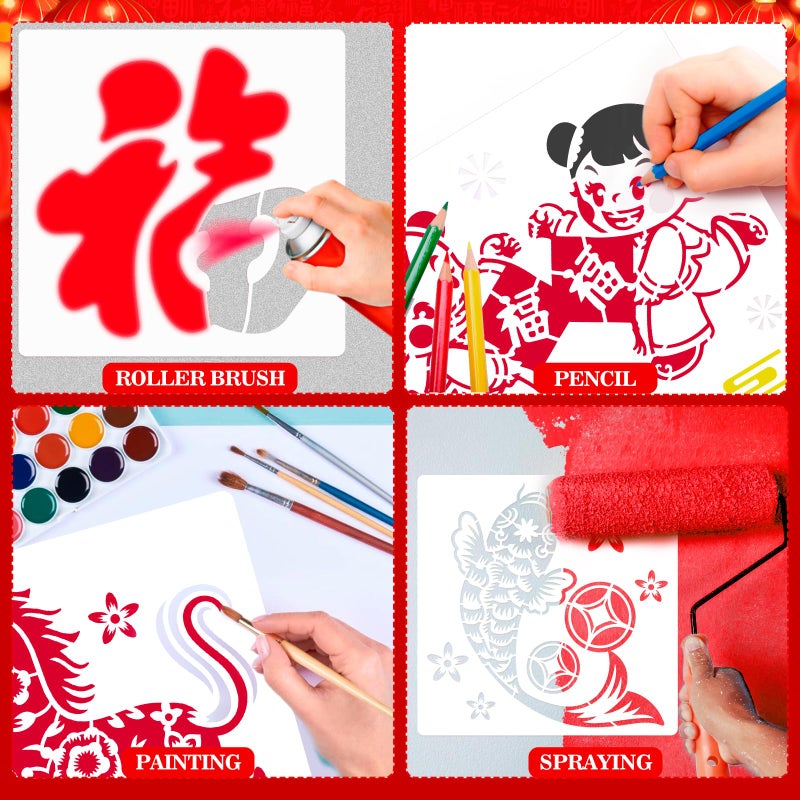 MWOOT Painting Stencils for 2026 Chinese New Year of The Horse, FU Characters Drawing Templates for China Lunar New Year Traditional Art Crafts Projects, 20X20CM Medium - Image 4