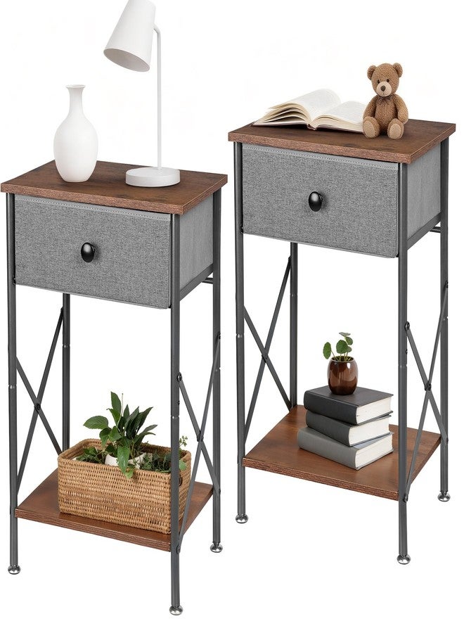 VECELO Night Stand Set of 2, Nightstand, Small End Table for Small Spaces, Wood Side Table for Living Room, Bedside Table with Drawer for Bedroom, Easy Assembly, Rustic Brown - Image 1