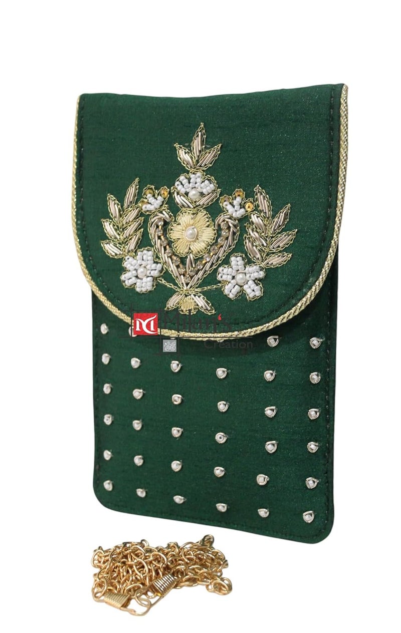 MILAN'S CREATION Mobile Pouch Zardozi & Pearls Hand Embroidery With Waist Clip Hook & Sling Chain (removable) | Ladies Women’s Handbag Wallet Sling Purse | Party Wedding Festival Giveaways Gift - Image 2