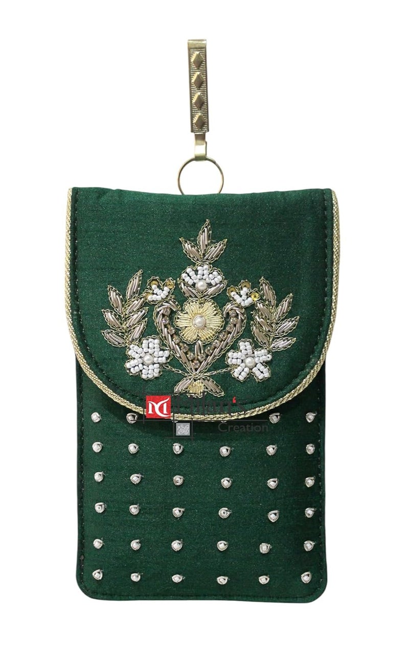 MILAN'S CREATION Mobile Pouch Zardozi & Pearls Hand Embroidery With Waist Clip Hook & Sling Chain (removable) | Ladies Women’s Handbag Wallet Sling Purse | Party Wedding Festival Giveaways Gift - Image 1