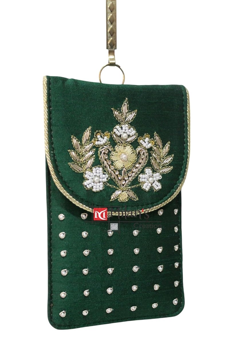 MILAN'S CREATION Mobile Pouch Zardozi & Pearls Hand Embroidery With Waist Clip Hook & Sling Chain (removable) | Ladies Women’s Handbag Wallet Sling Purse | Party Wedding Festival Giveaways Gift - Image 3