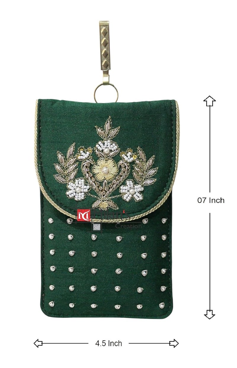 MILAN'S CREATION Mobile Pouch Zardozi & Pearls Hand Embroidery With Waist Clip Hook & Sling Chain (removable) | Ladies Women’s Handbag Wallet Sling Purse | Party Wedding Festival Giveaways Gift - Image 4