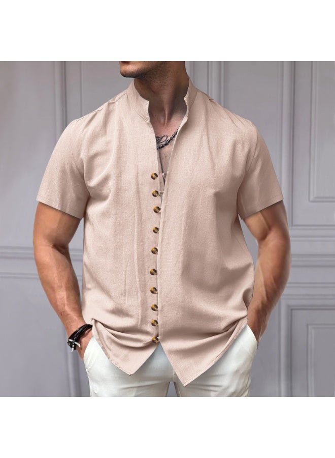 Men's Retro Linen Button-Up Short Sleeve Shirt Stand Collar Summer Casual Top Quality Material Comfortable Fit Male Model Shirt  - Image 1