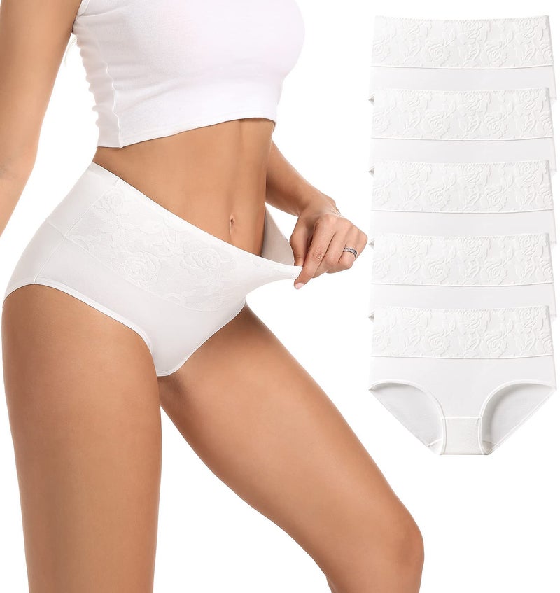 HAVVIS Women's Briefs Underwear Cotton High Waist Tummy Control Panties Rose Jacquard Ladies Panty Multipack (Brief 04-5 Pack - White, Large) - Image 1