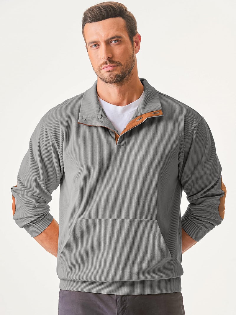JMIERR Mens Pullover Sweatshirts Casual Long Sleeve 1/4 Button Corduroy Fall Sweaters Jackets with Pockets, 3XL, Light Grey - Image 3