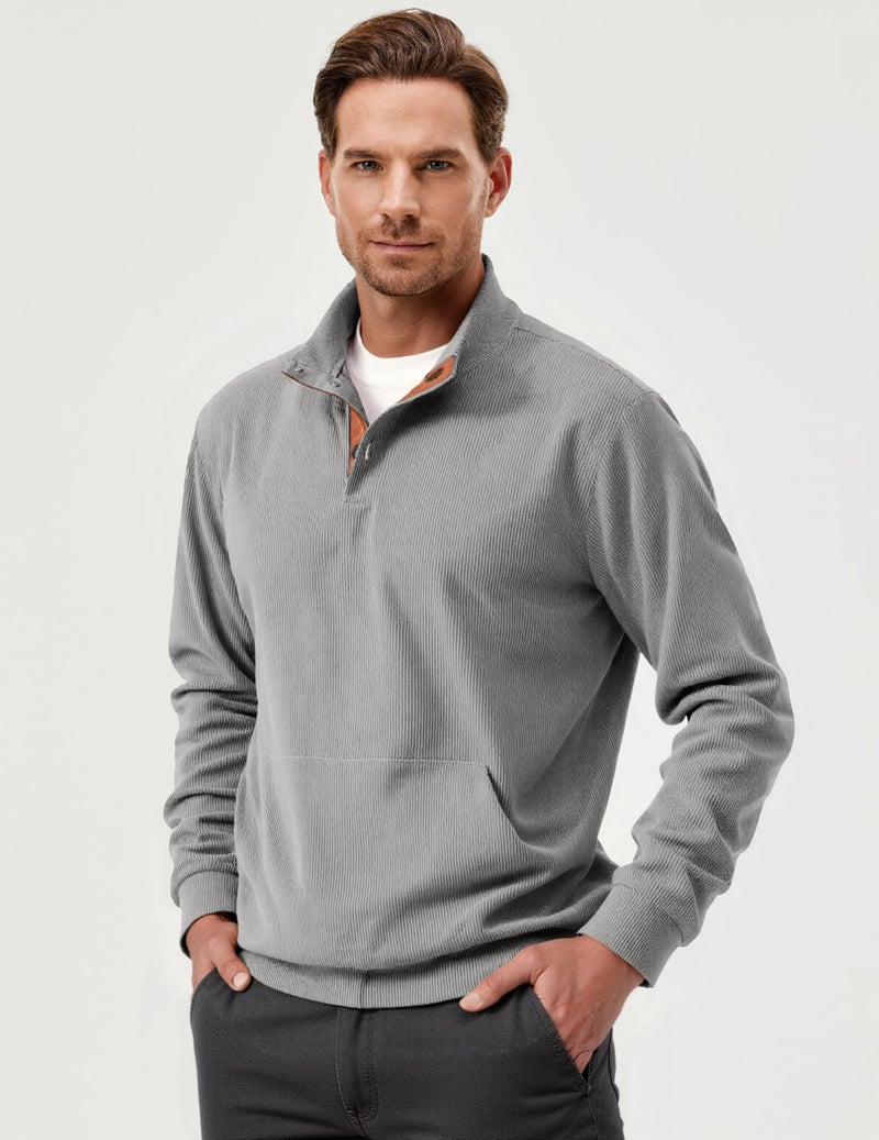 JMIERR Mens Pullover Sweatshirts Casual Long Sleeve 1/4 Button Corduroy Fall Sweaters Jackets with Pockets, 3XL, Light Grey - Image 2