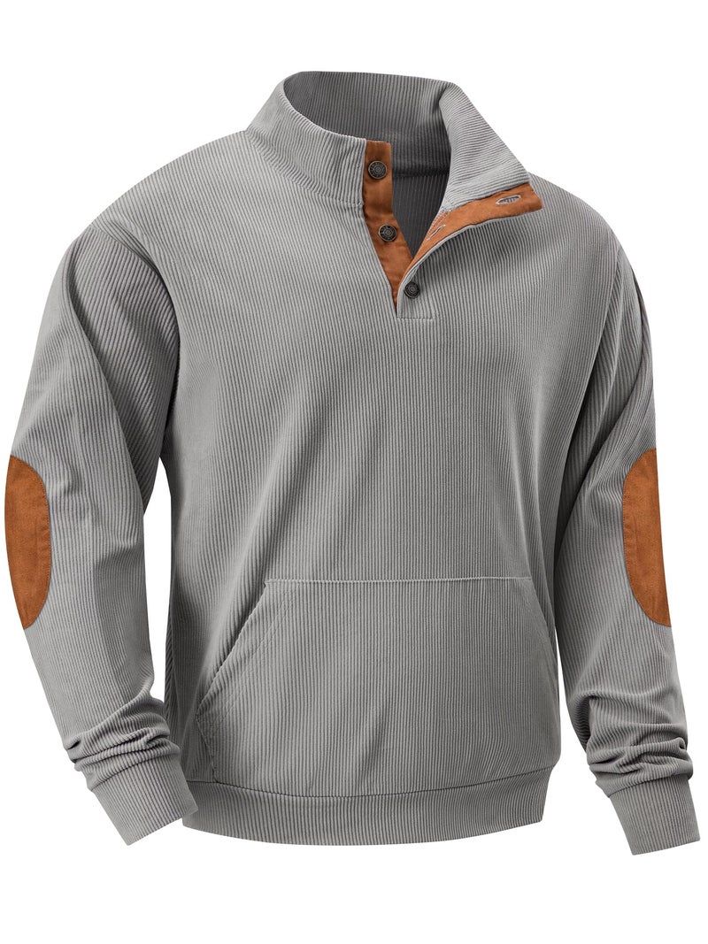 JMIERR Mens Pullover Sweatshirts Casual Long Sleeve 1/4 Button Corduroy Fall Sweaters Jackets with Pockets, 3XL, Light Grey - Image 1