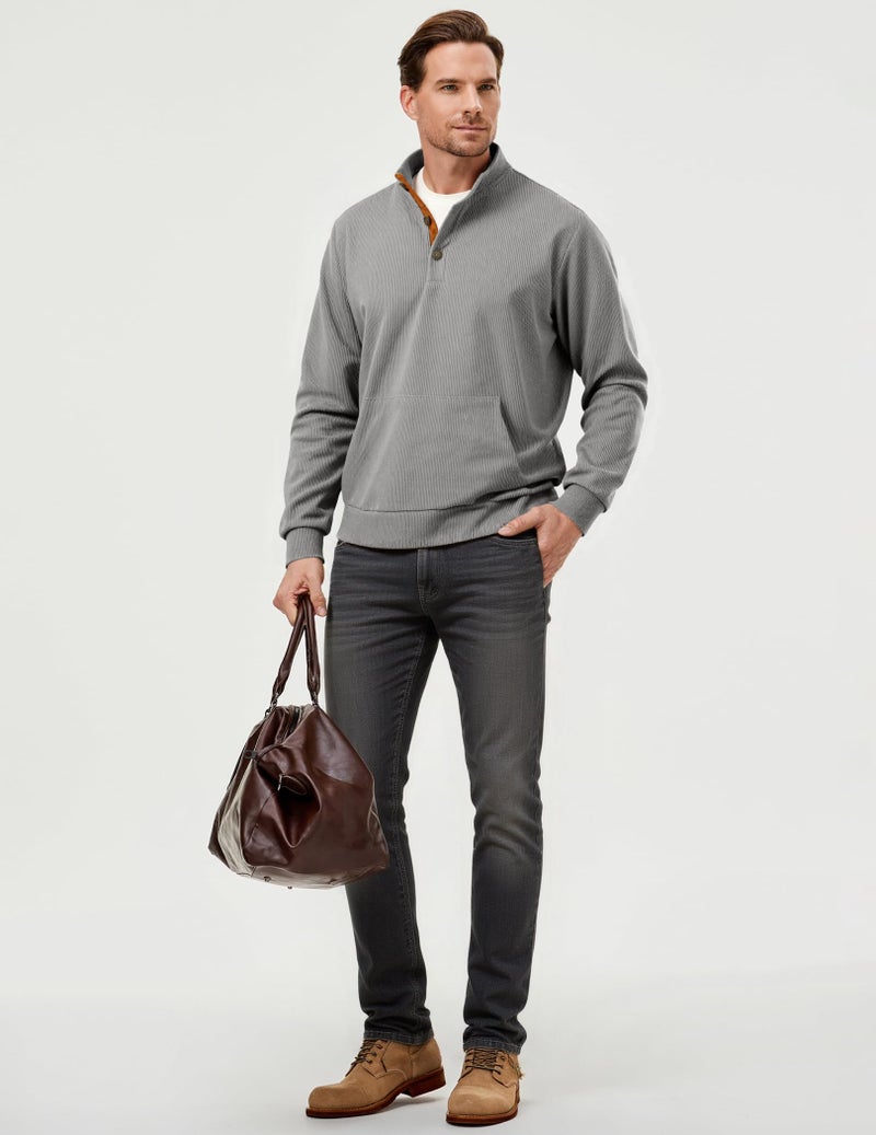 JMIERR Mens Pullover Sweatshirts Casual Long Sleeve 1/4 Button Corduroy Fall Sweaters Jackets with Pockets, 3XL, Light Grey - Image 4