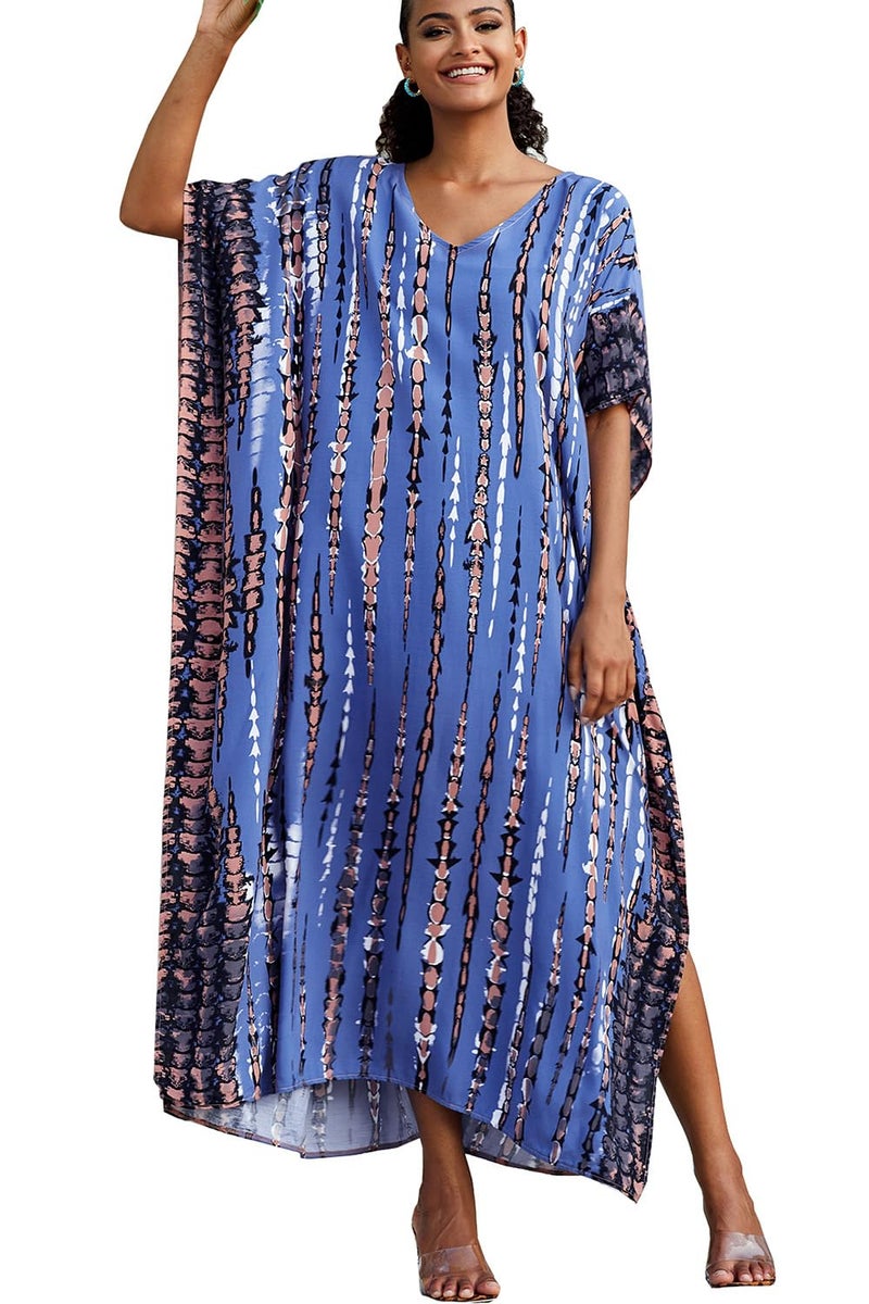 YouKD Print Floral Long Kaftan V-Neck Robe Boho Beach Swimsuit Cover Up Maxi Dress for Women - Image 2