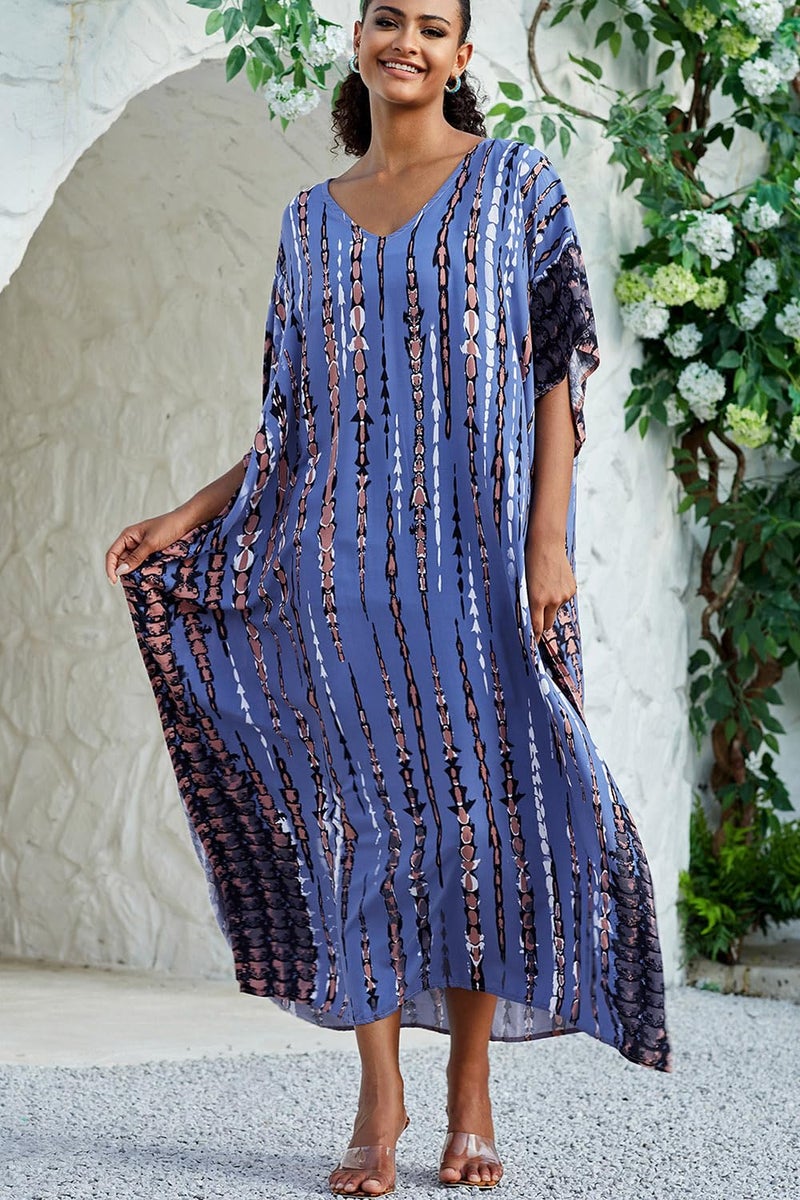 YouKD Print Floral Long Kaftan V-Neck Robe Boho Beach Swimsuit Cover Up Maxi Dress for Women - Image 4