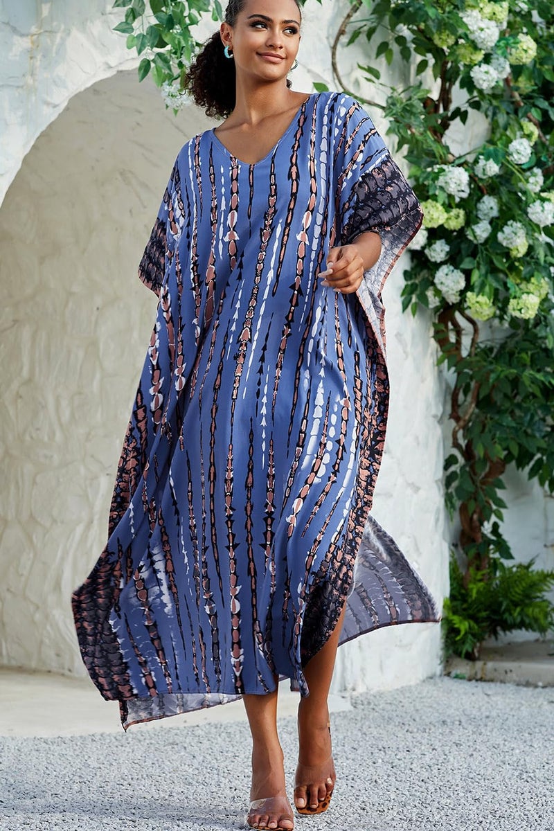 YouKD Print Floral Long Kaftan V-Neck Robe Boho Beach Swimsuit Cover Up Maxi Dress for Women - Image 5