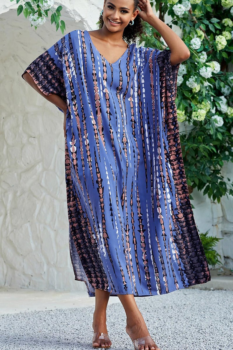 YouKD Print Floral Long Kaftan V-Neck Robe Boho Beach Swimsuit Cover Up Maxi Dress for Women - Image 3