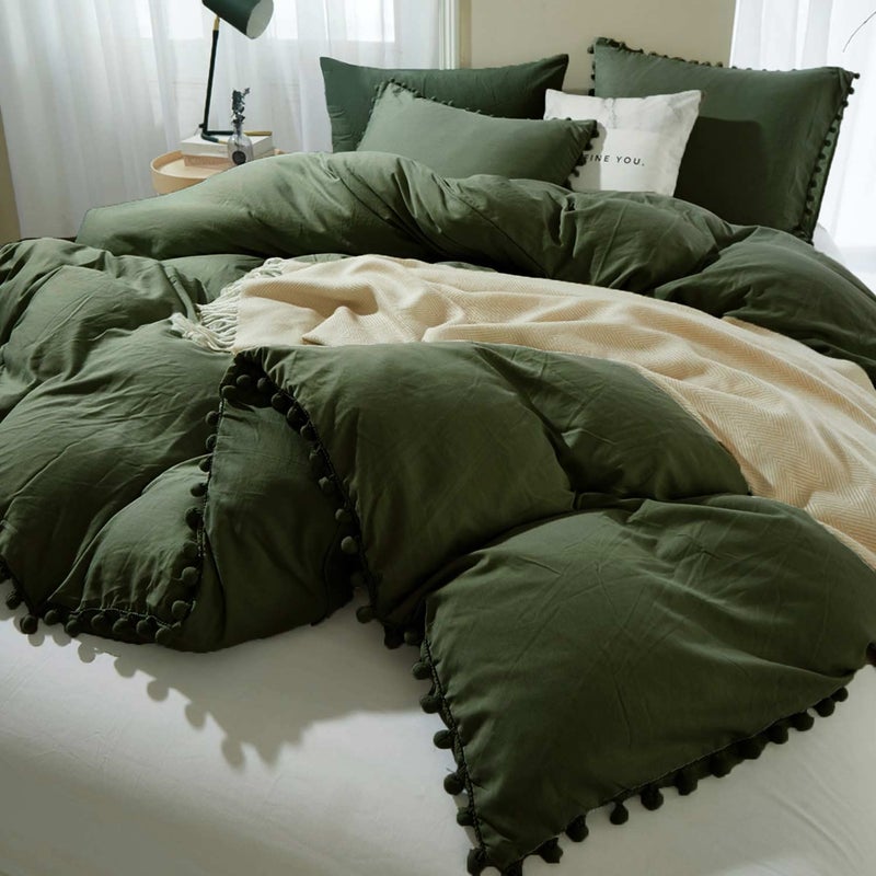 ETDIFFE King Size Pom Duvet Cover 3 Piece Boho Farmhouse Microfiber Comforter Cover Set Soft and Lightweight Bedding Quilt Cover Solid Dark Olive Green
