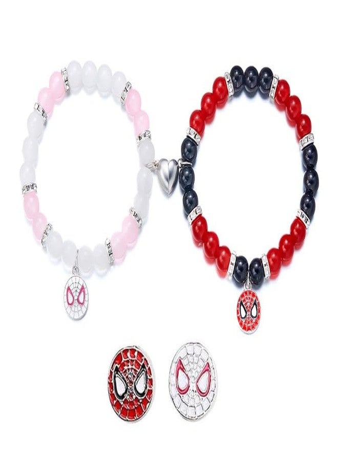 SUPER SOFTENER Spider Friendship Magnetic Bracelets, 2 Pcs, Stone Beads, Stretch Charm Bracelets for Couple (Spiderman Face Bracelet) - Image 1