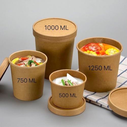 Amit Marketing 250 ML Round Brown Paper Food Container with Lids, Disposable Take Out Storage Box for Hot/Cold Foods, Party Supplies for Soup, Salad, Dessert, Pasta, Noodles (20 pcs) - Image 3