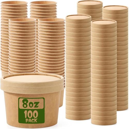 Amit Marketing 250 ML Round Brown Paper Food Container with Lids, Disposable Take Out Storage Box for Hot/Cold Foods, Party Supplies for Soup, Salad, Dessert, Pasta, Noodles (20 pcs) - Image 1