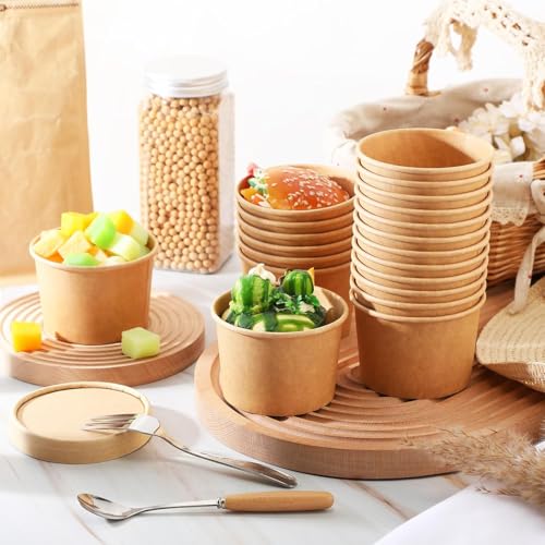 Amit Marketing 250 ML Round Brown Paper Food Container with Lids, Disposable Take Out Storage Box for Hot/Cold Foods, Party Supplies for Soup, Salad, Dessert, Pasta, Noodles (20 pcs) - Image 4