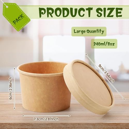 Amit Marketing 250 ML Round Brown Paper Food Container with Lids, Disposable Take Out Storage Box for Hot/Cold Foods, Party Supplies for Soup, Salad, Dessert, Pasta, Noodles (20 pcs) - Image 2