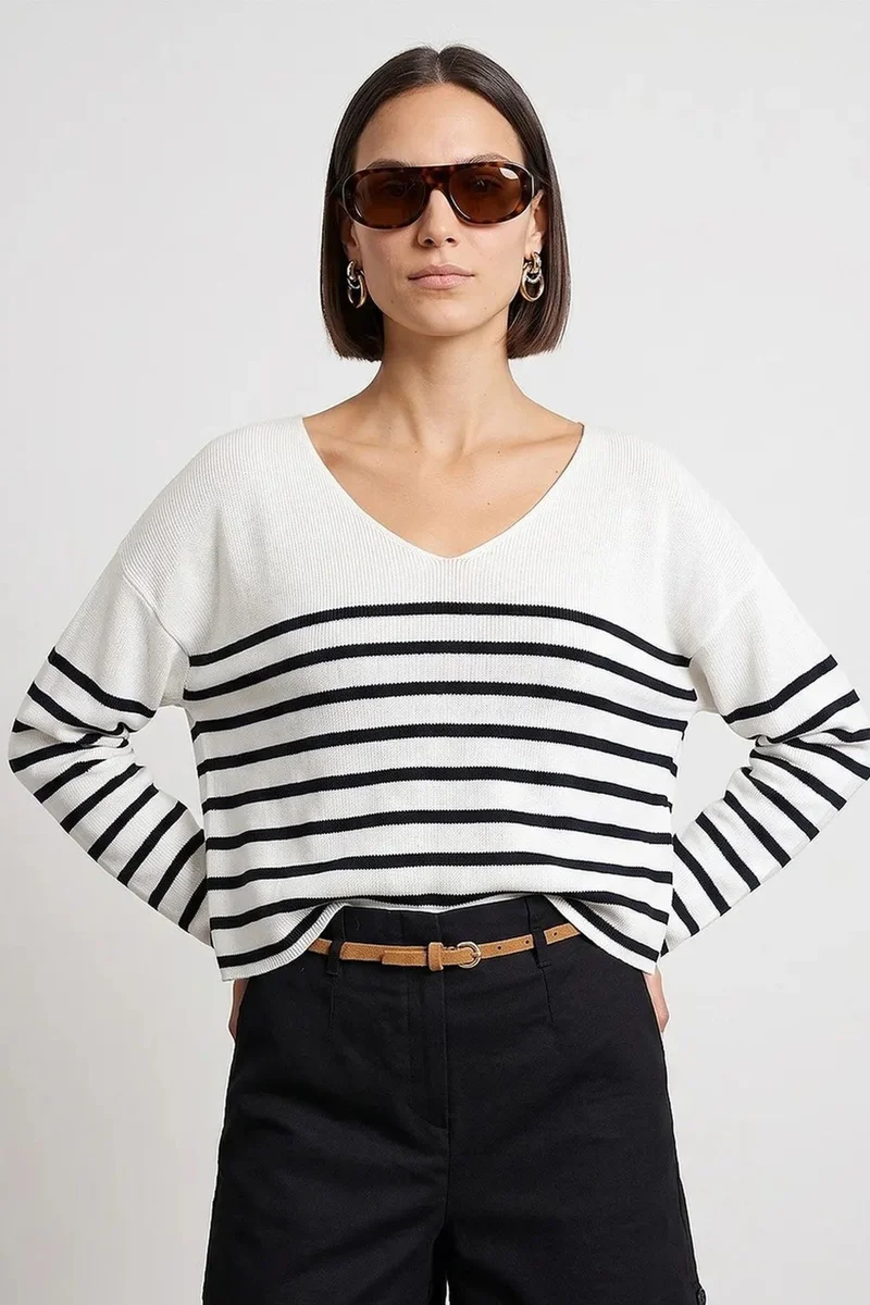 DILVIN Striped V-neck Ribbed Knit Sweater