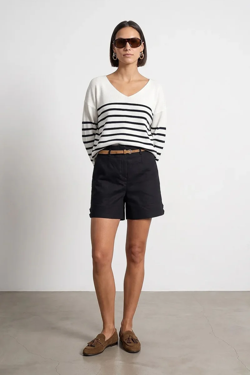 Dilvin Multicolor DILVIN Striped V-neck Ribbed Knit Sweater for Women | Best Price UAE
