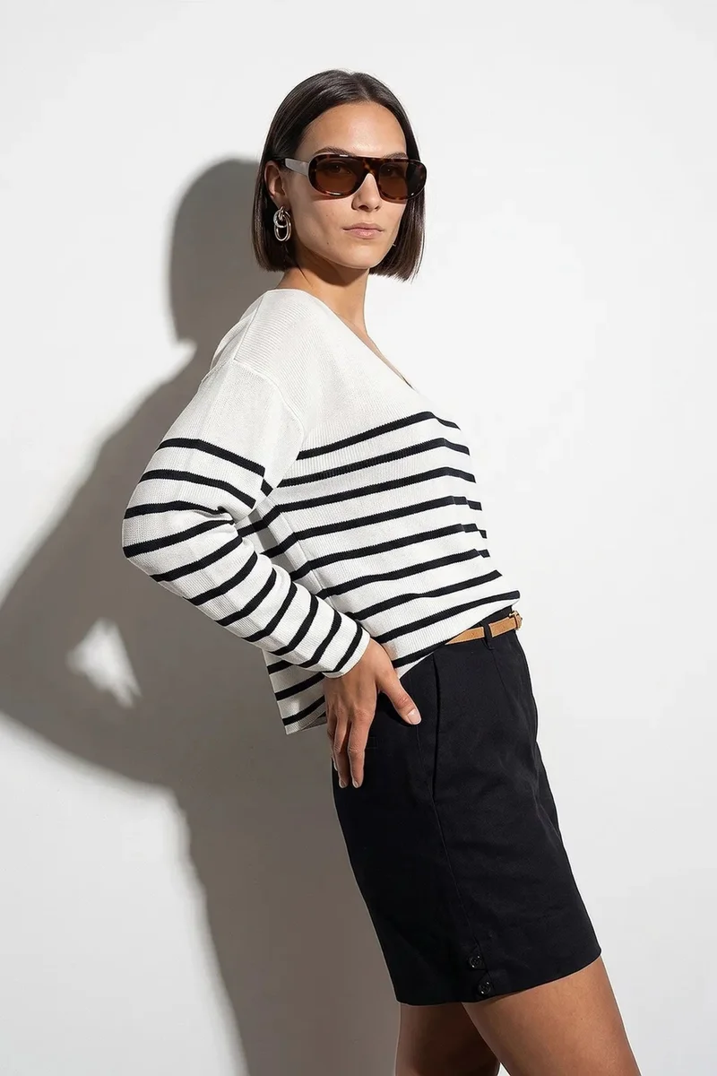 Dilvin Multicolor DILVIN Striped V-neck Ribbed Knit Sweater for Women | Best Price UAE