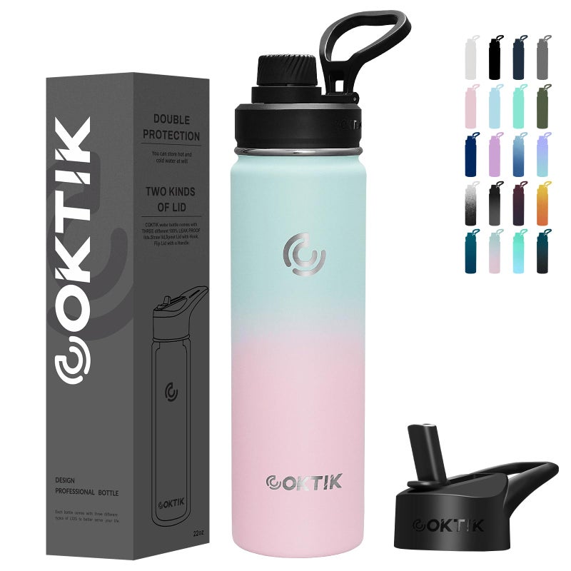 COKTIK Insulated Stainless Steel Water Bottle With Straw Lid 22 oz Wide Mouth Double Wall Vacuum Insulated Water Bottle Leakproof Lightweight for Hiking Biking RunningBubble Gum