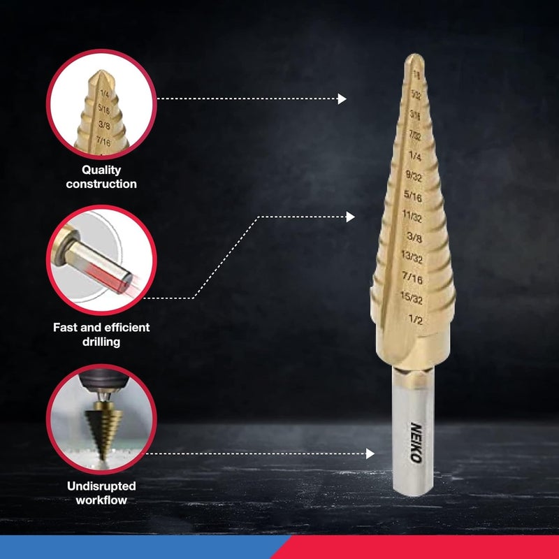 Neiko 10193A Titanium Step Bits, Unibit Set, 28 Sizes, High Speed Steel, Standard (SAE) Step Drill Bit Set, Step Bits for Metal. Unibit Step Drill Bits, Industrial Unibit - Image 4