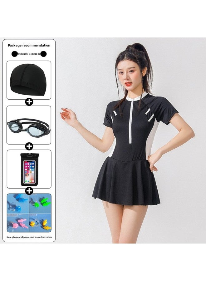 Loquat Sports One-piece Boxer Women's Swimwear Conservative Slim Belly-covering Sunscreen Swimming Fashion Hot Spring Swimwear-Color:6301 Ladies Black And White + Four-piece Set- - Image 1