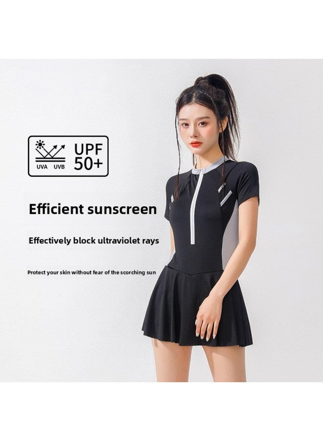 Loquat Sports One-piece Boxer Women's Swimwear Conservative Slim Belly-covering Sunscreen Swimming Fashion Hot Spring Swimwear-Color:6301 Ladies Black And White + Four-piece Set- - Image 5