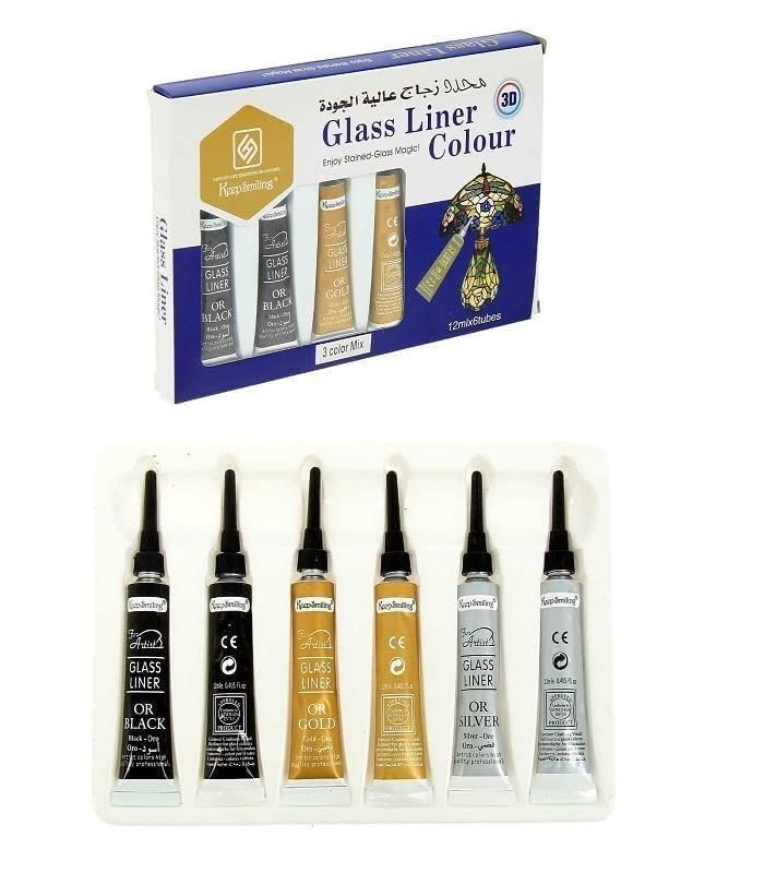 PEACORA Glass Liner Paint Colors For 3D Glass Coloring 12ml 6 Tubes With Gold, Silver And Black Each 2Pcs (GOLD,SILVER,BLACK) - Image 1