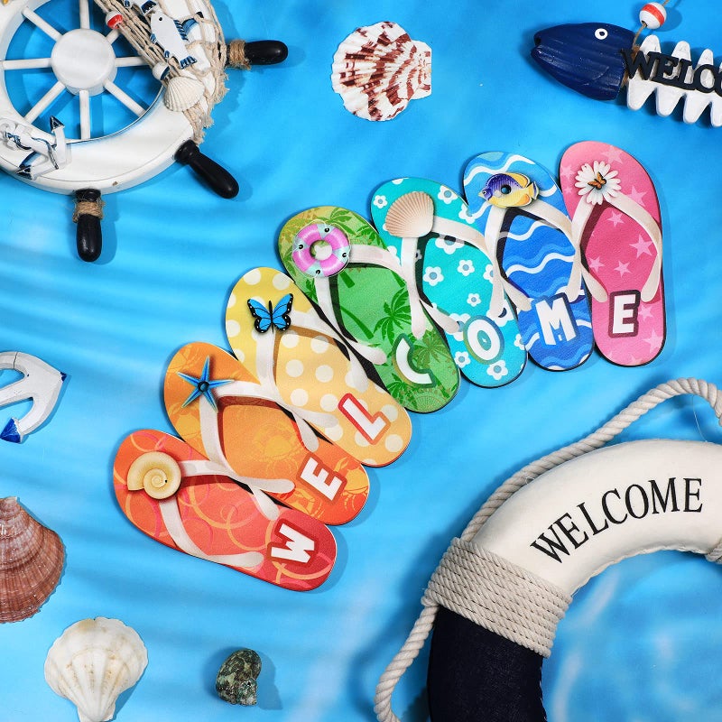 Jetec Summer Slippers Hanging Sign Shape Welcome Hello Flip Flop Wooden Door Plaque Rustic Wall Sign Yard Indoor Outdoor Garden Decoration with Rope (Welcome) - Image 5