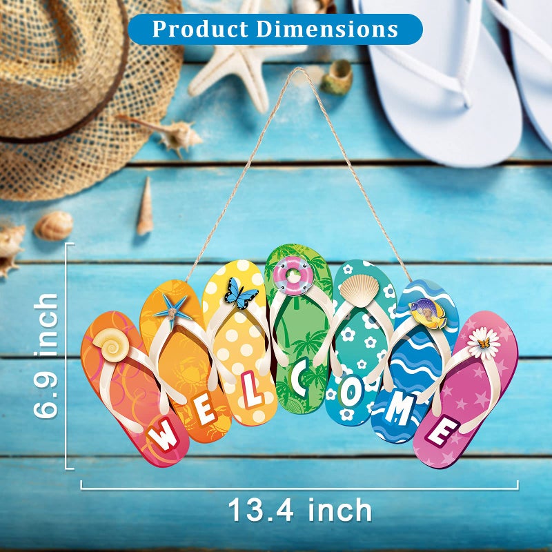 Jetec Summer Slippers Hanging Sign Shape Welcome Hello Flip Flop Wooden Door Plaque Rustic Wall Sign Yard Indoor Outdoor Garden Decoration with Rope (Welcome) - Image 3