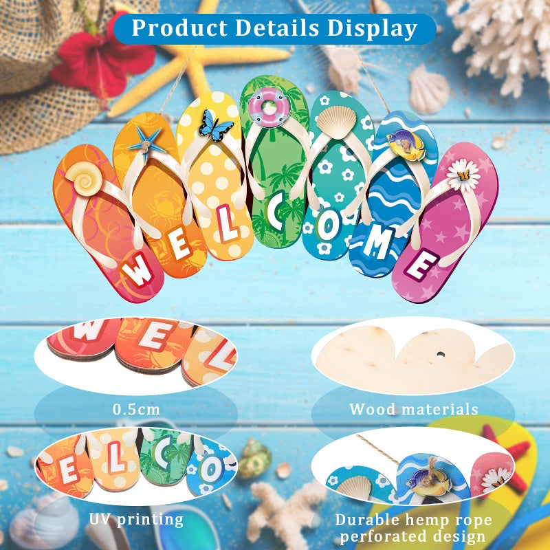 Jetec Summer Slippers Hanging Sign Shape Welcome Hello Flip Flop Wooden Door Plaque Rustic Wall Sign Yard Indoor Outdoor Garden Decoration with Rope (Welcome) - Image 2