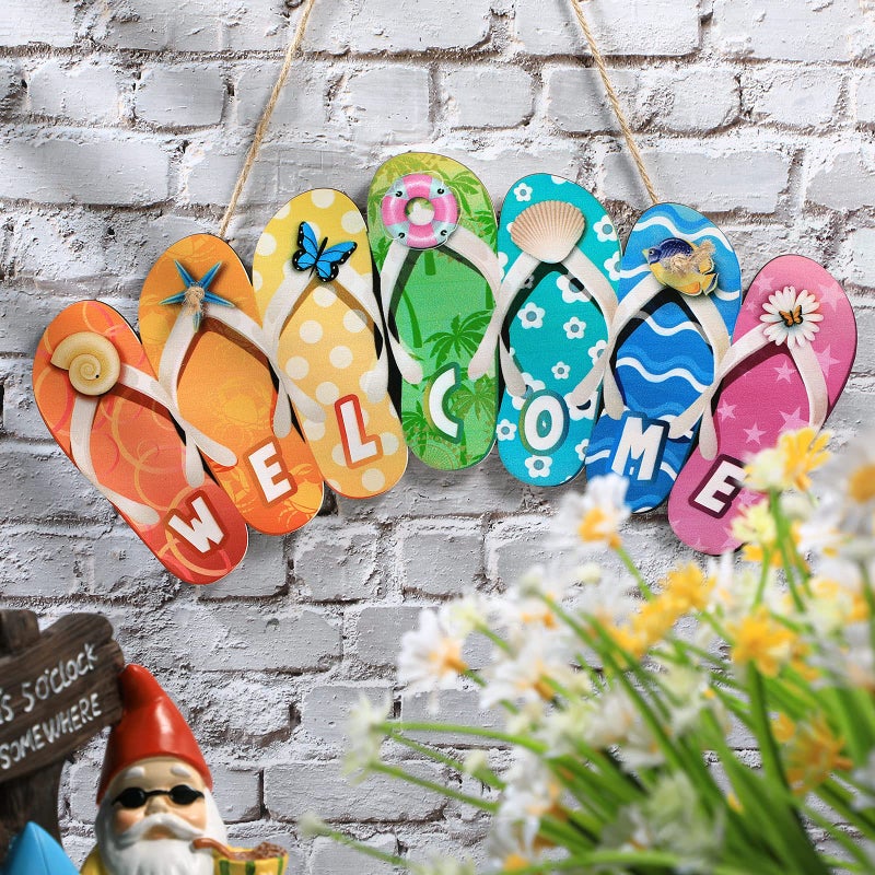 Jetec Summer Slippers Hanging Sign Shape Welcome Hello Flip Flop Wooden Door Plaque Rustic Wall Sign Yard Indoor Outdoor Garden Decoration with Rope (Welcome) - Image 4