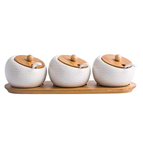 Leeonz Ceramic Condiment Jar Spice Container With Bamboo Lid,Porcelain Spoon,Wooden Tray,Set Of 3,White,200Ml, Perfect Spice Storage For Home,Kitchen,Counter, Beige - Image 1