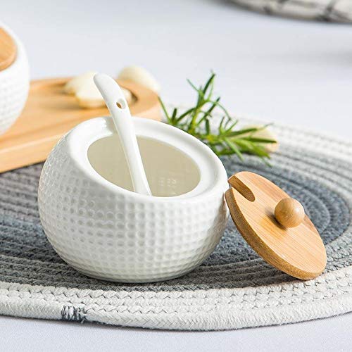 Leeonz Ceramic Condiment Jar Spice Container With Bamboo Lid,Porcelain Spoon,Wooden Tray,Set Of 3,White,200Ml, Perfect Spice Storage For Home,Kitchen,Counter, Beige - Image 2