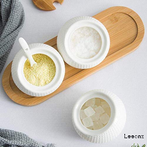 Leeonz Ceramic Condiment Jar Spice Container With Bamboo Lid,Porcelain Spoon,Wooden Tray,Set Of 3,White,200Ml, Perfect Spice Storage For Home,Kitchen,Counter, Beige - Image 5