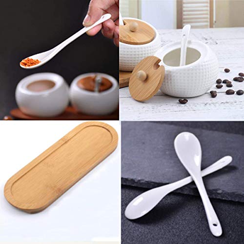Leeonz Ceramic Condiment Jar Spice Container With Bamboo Lid,Porcelain Spoon,Wooden Tray,Set Of 3,White,200Ml, Perfect Spice Storage For Home,Kitchen,Counter, Beige - Image 4