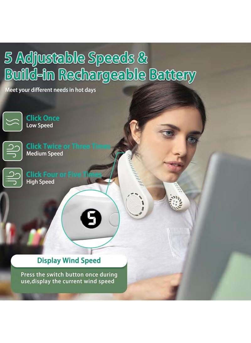 Denx Portable Hanging Neck Fan with Screen Display, 5 Speed Levels, USB Rechargeable Hands-Free Wearable Fan with 360° Cooling for Work, Travel, Sports and Outdoor Use, White – DX2576 - Image 3