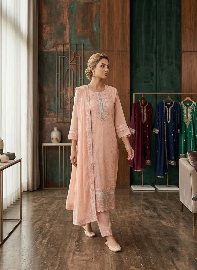 Lehar Peach Blossom Intricate Embroidered Cotton-Lawn Suit