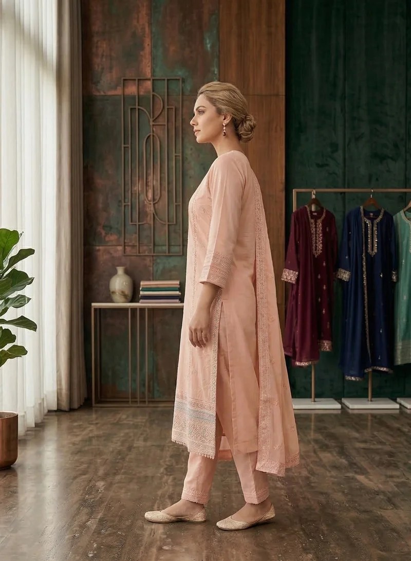 Lehar Peach Blossom Intricate Embroidered Cotton-Lawn Suit