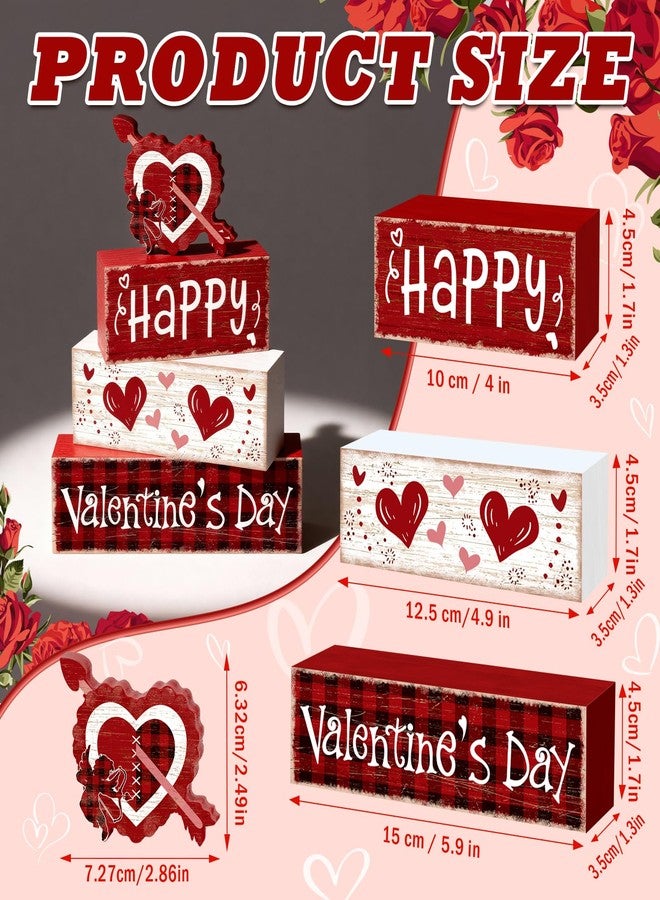 Britimes 4Pcs Valentine’s Day Table Decor Red Happy Valentine’s Day Heart Tiered Tray Decorations Set Rustic Farmhouse Wooden Stack Block Signs Plaid Romantic Tabletop Decor for Table Home Office - Image 3