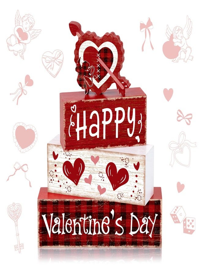 Britimes 4Pcs Valentine’s Day Table Decor Red Happy Valentine’s Day Heart Tiered Tray Decorations Set Rustic Farmhouse Wooden Stack Block Signs Plaid Romantic Tabletop Decor for Table Home Office - Image 1