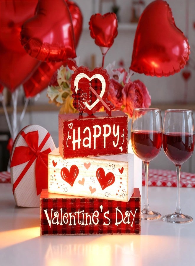 Britimes 4Pcs Valentine’s Day Table Decor Red Happy Valentine’s Day Heart Tiered Tray Decorations Set Rustic Farmhouse Wooden Stack Block Signs Plaid Romantic Tabletop Decor for Table Home Office - Image 5