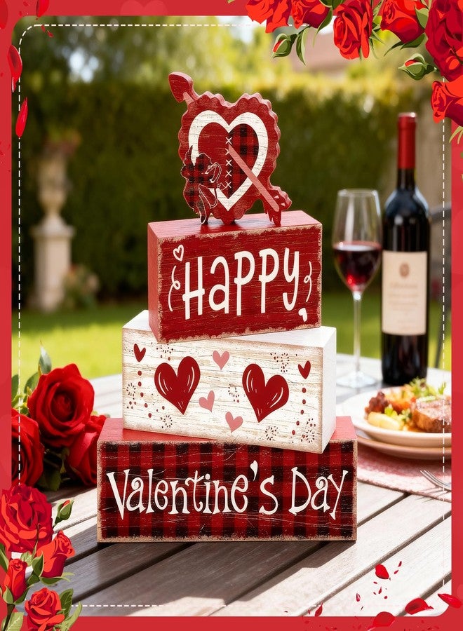 Britimes 4Pcs Valentine’s Day Table Decor Red Happy Valentine’s Day Heart Tiered Tray Decorations Set Rustic Farmhouse Wooden Stack Block Signs Plaid Romantic Tabletop Decor for Table Home Office - Image 2