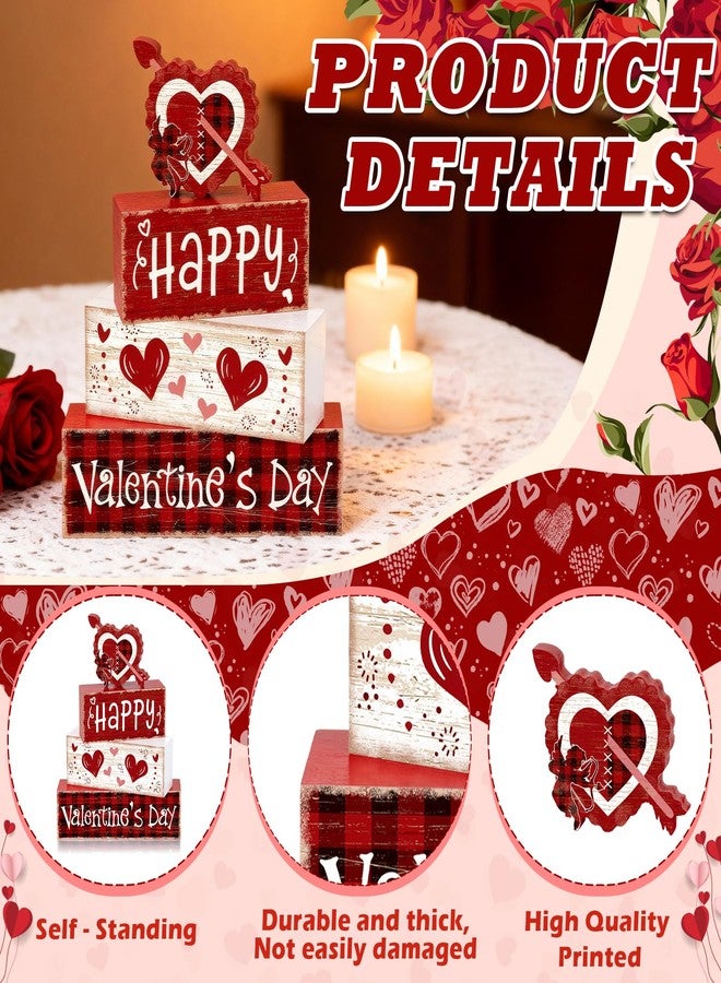 Britimes 4Pcs Valentine’s Day Table Decor Red Happy Valentine’s Day Heart Tiered Tray Decorations Set Rustic Farmhouse Wooden Stack Block Signs Plaid Romantic Tabletop Decor for Table Home Office - Image 4